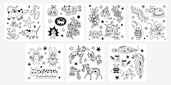 Blank Coloring Pages Seven images of assorted coloring pages including possoms, cats, dogs and fruit
